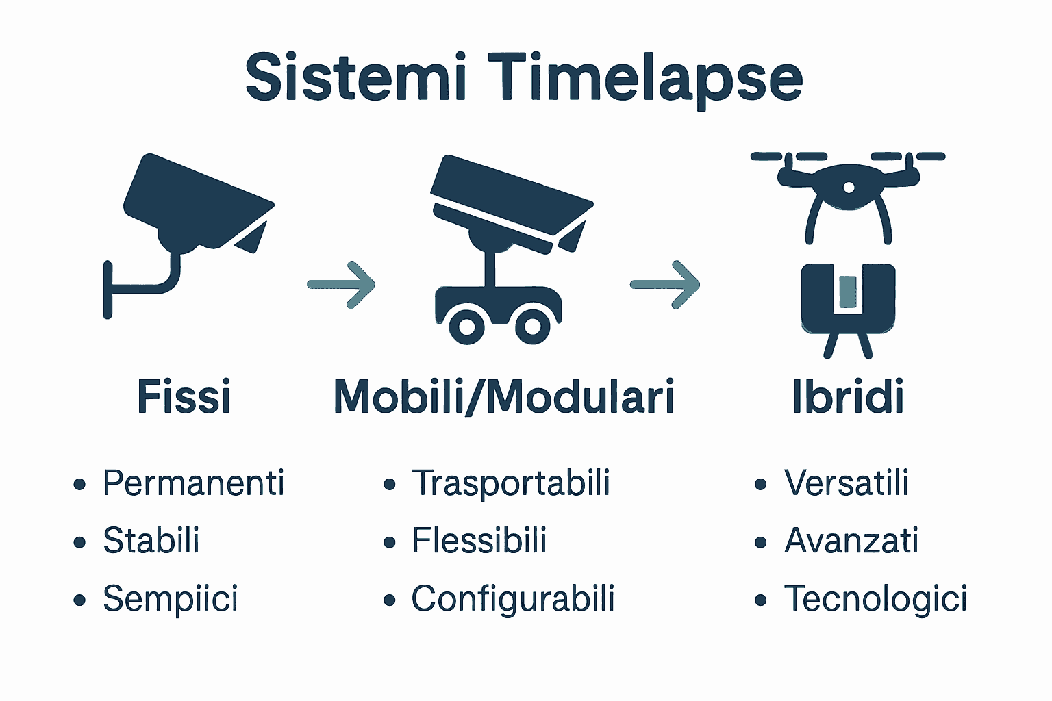 Confronto visuale tra sistemi timelapse fissi, mobili e ibridi