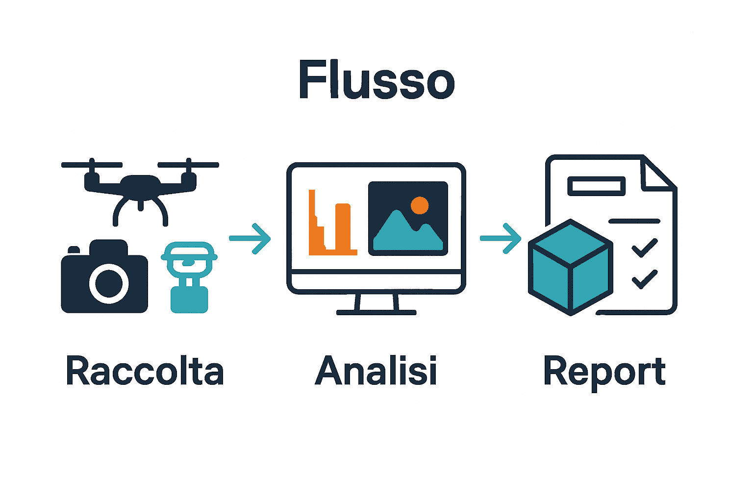 Infografica step monitoraggio stato lavori: raccolta, analisi, verifica finale