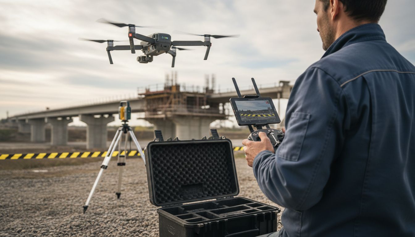 Drone pilot scans construction site with laser scanner nearby