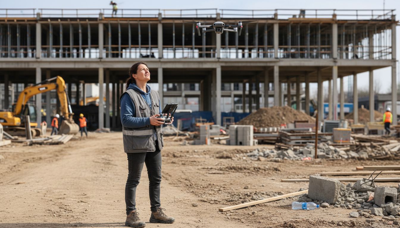 Technician overseeing drone filming at construction