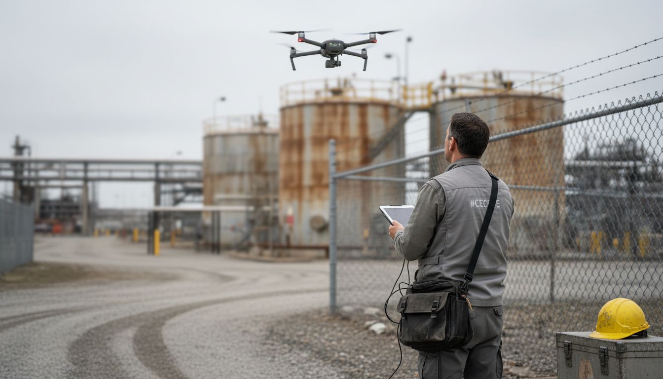Operator inspecting industrial site with drone