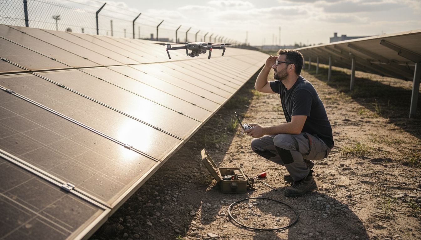 Technician monitoring drone over solar panels