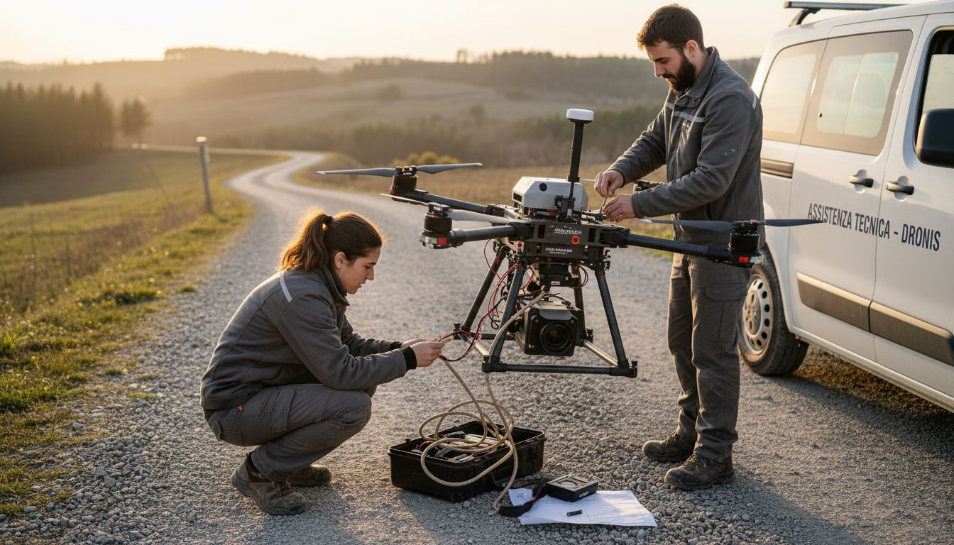 Un team di ingegneri al lavoro per montare un drone dotato di sensori avanzati.