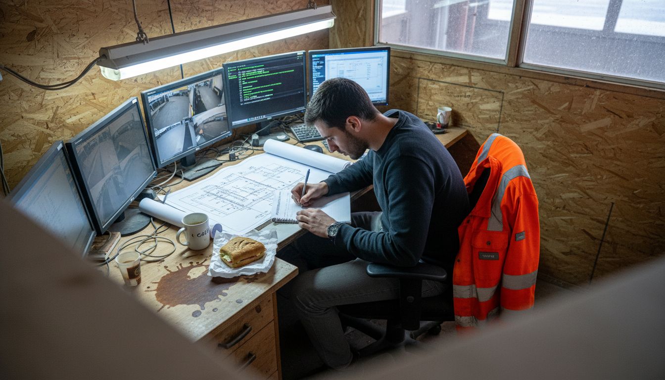 Tecnico che controlla le immagini delle telecamere di un cantiere