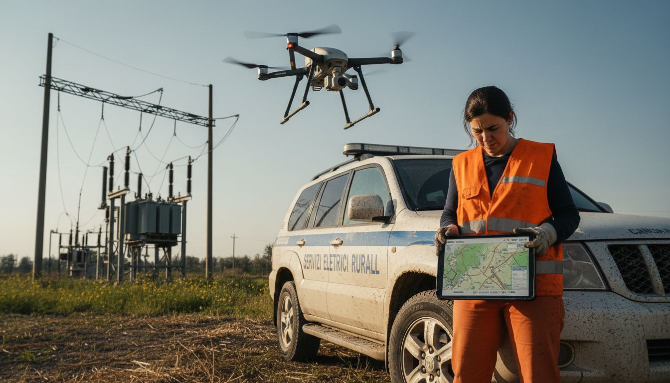 Un tecnico sta utilizzando un drone per ispezionare le linee elettriche in una zona rurale.
