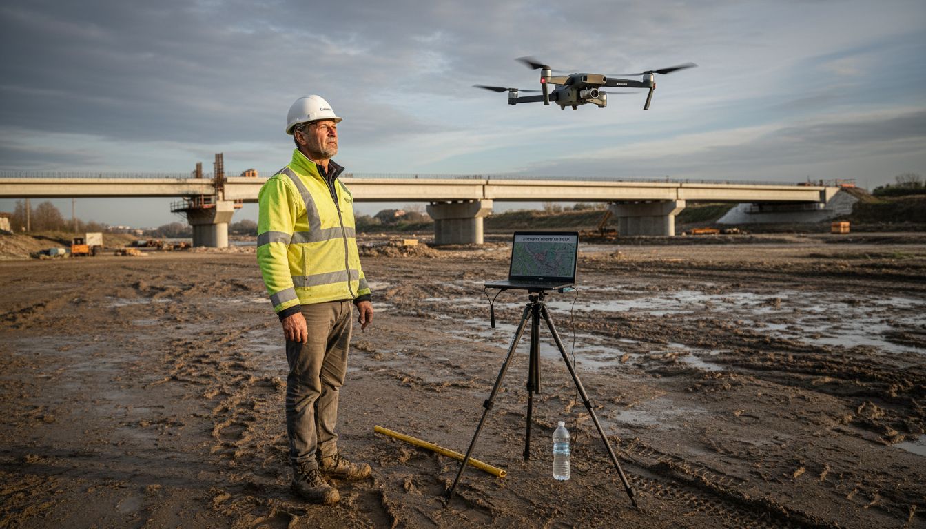 Ingegnere che utilizza un drone per monitorare l’andamento dei lavori in cantiere