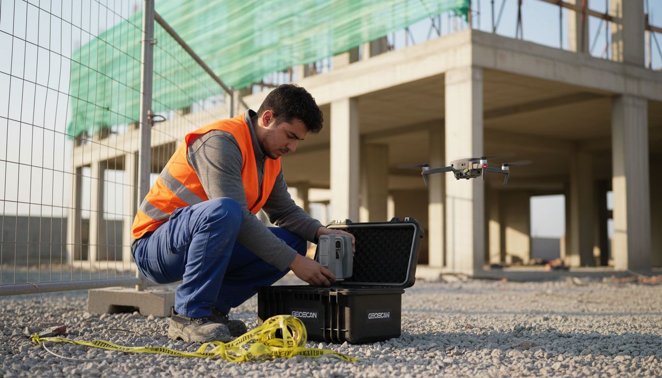 Un tecnico effettua rilievi in cantiere utilizzando un drone e uno scanner laser.