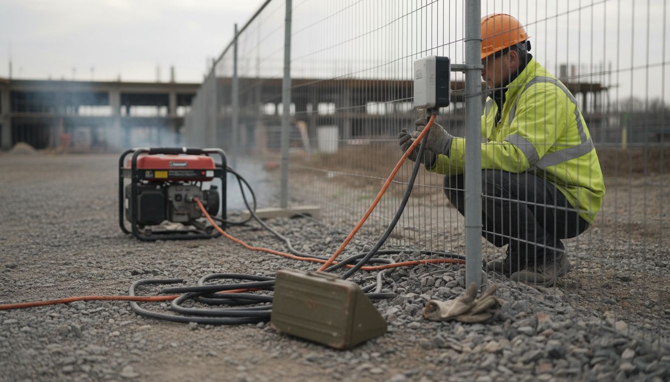 Un tecnico sta regolando un sensore di monitoraggio posizionato vicino alla recinzione di un cantiere.