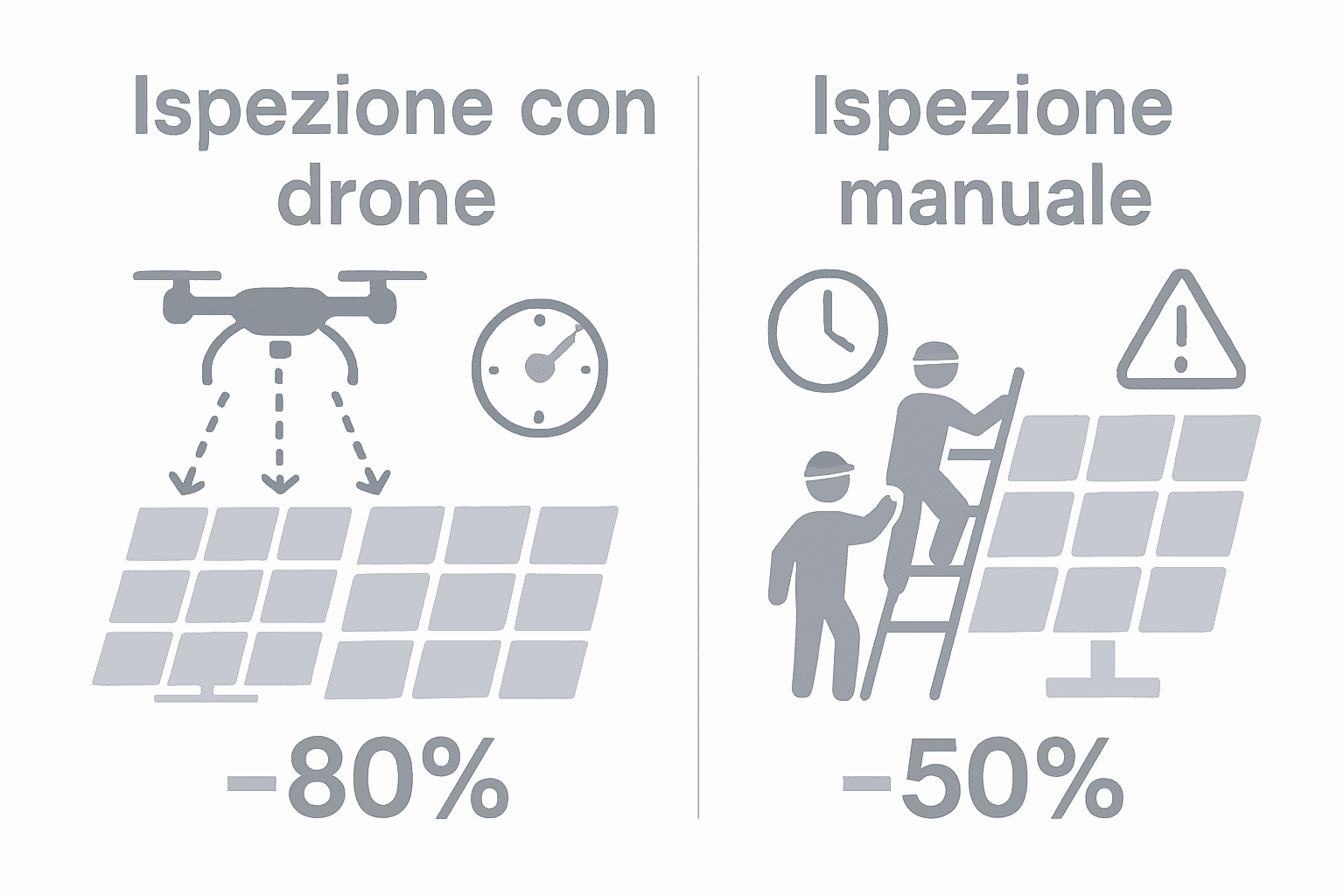 Infografica che mette a confronto velocità e rischi delle ispezioni con droni rispetto a quelle manuali
