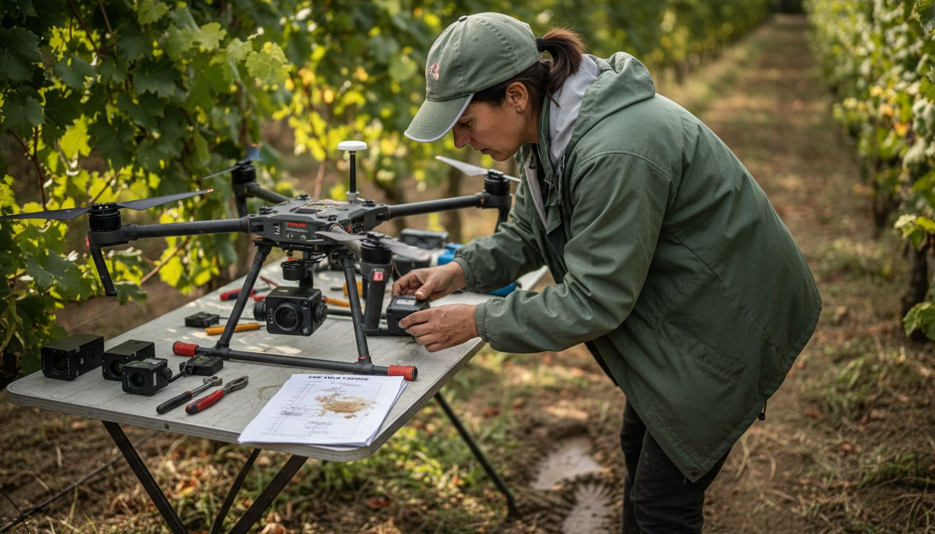 Un tecnico installa un sensore su un drone agricolo.