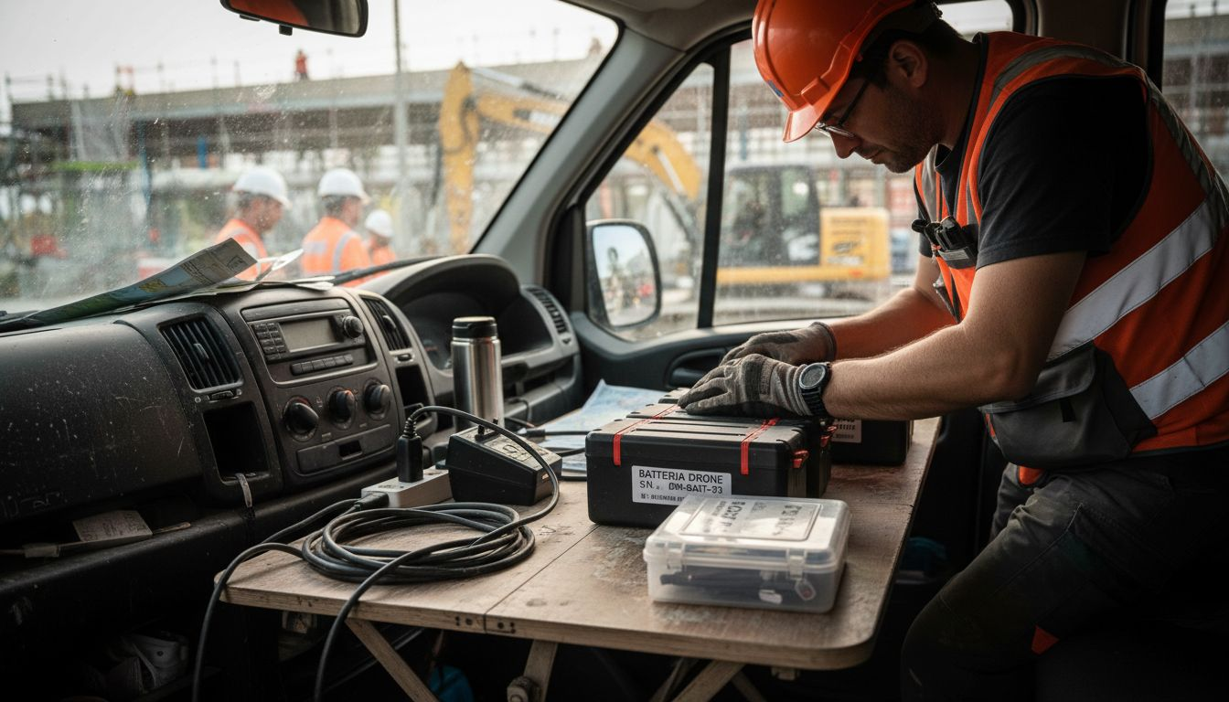 Prima del decollo, il tecnico controlla che le batterie del drone siano perfettamente cariche e funzionanti.