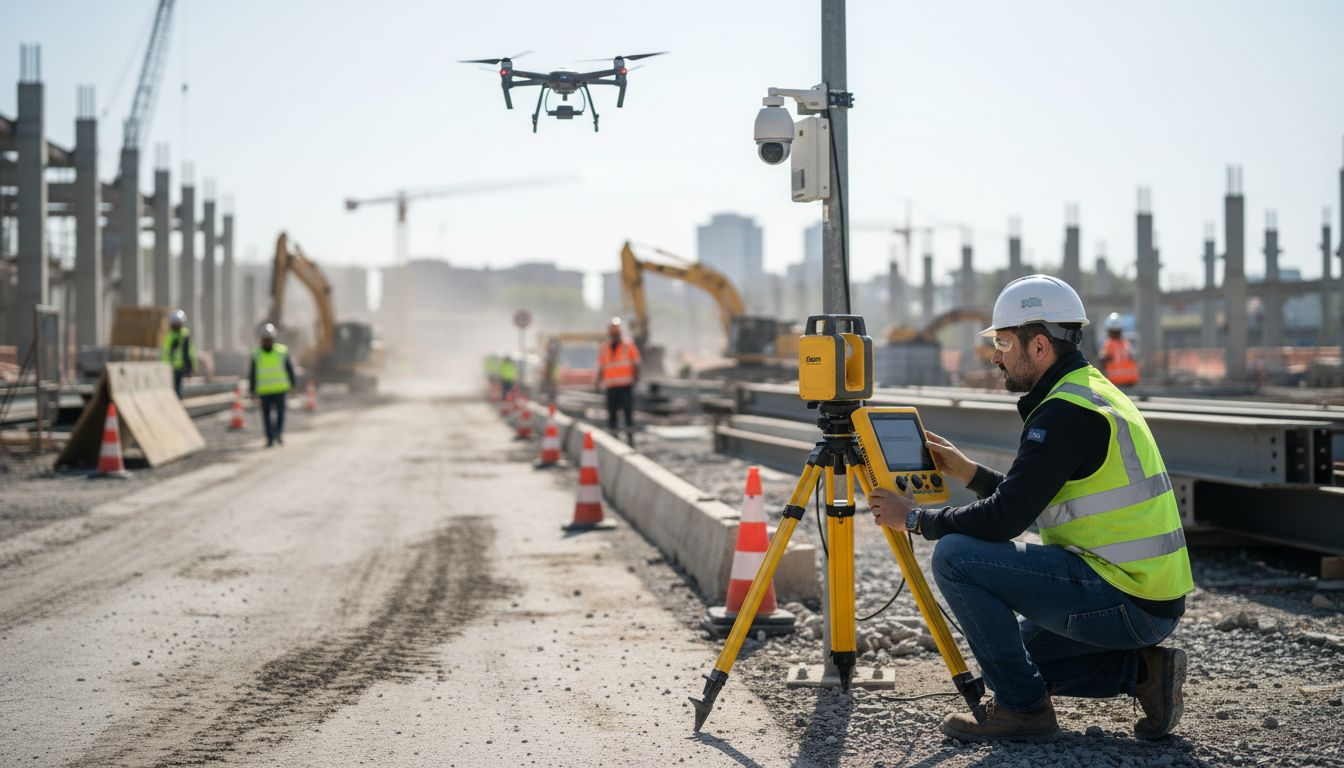 Tecnico al lavoro in cantiere con scanner laser e drone