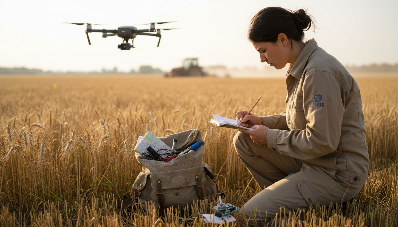 Un agronomo controlla lo stato del grano grazie a un drone che sorvola i campi.