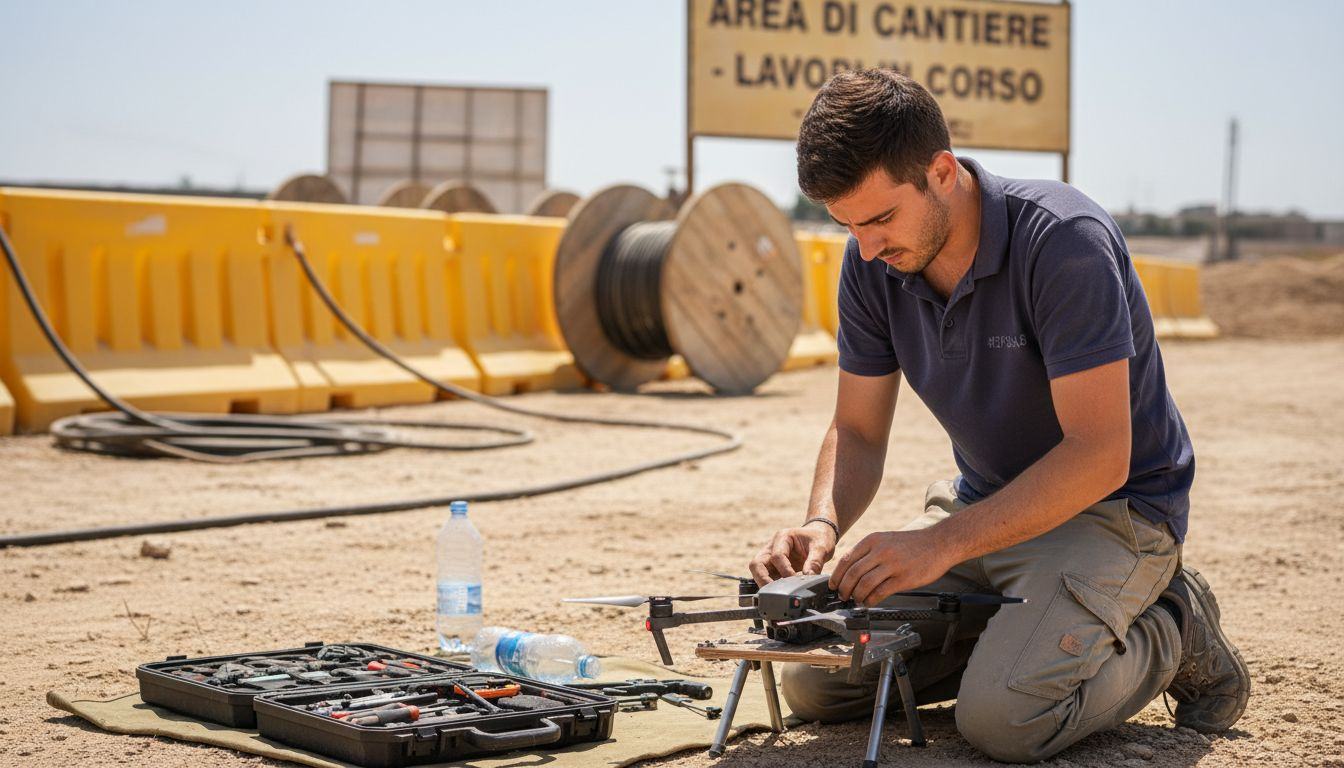 Un tecnico si sta occupando della preparazione di un drone presso un cantiere edile.