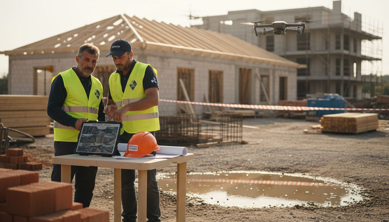 Operai supervisionano il cantiere mentre un drone sorvola l’area per monitorare i lavori.