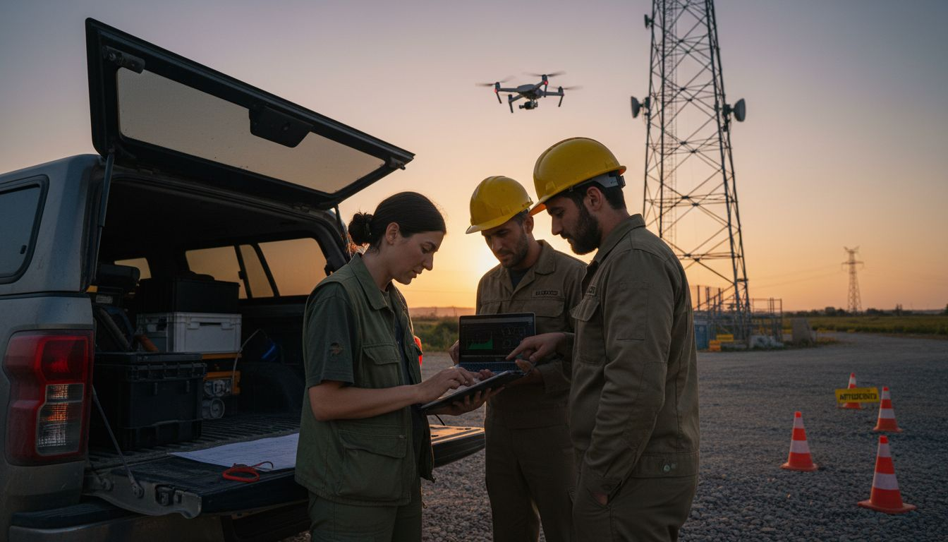 Tecnici specializzati che utilizzano droni per ispezionare le torri di telecomunicazione