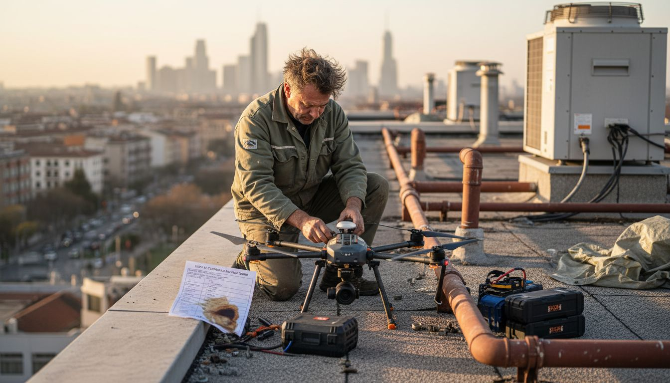 Un tecnico si prepara a utilizzare il drone per ispezionare il tetto.