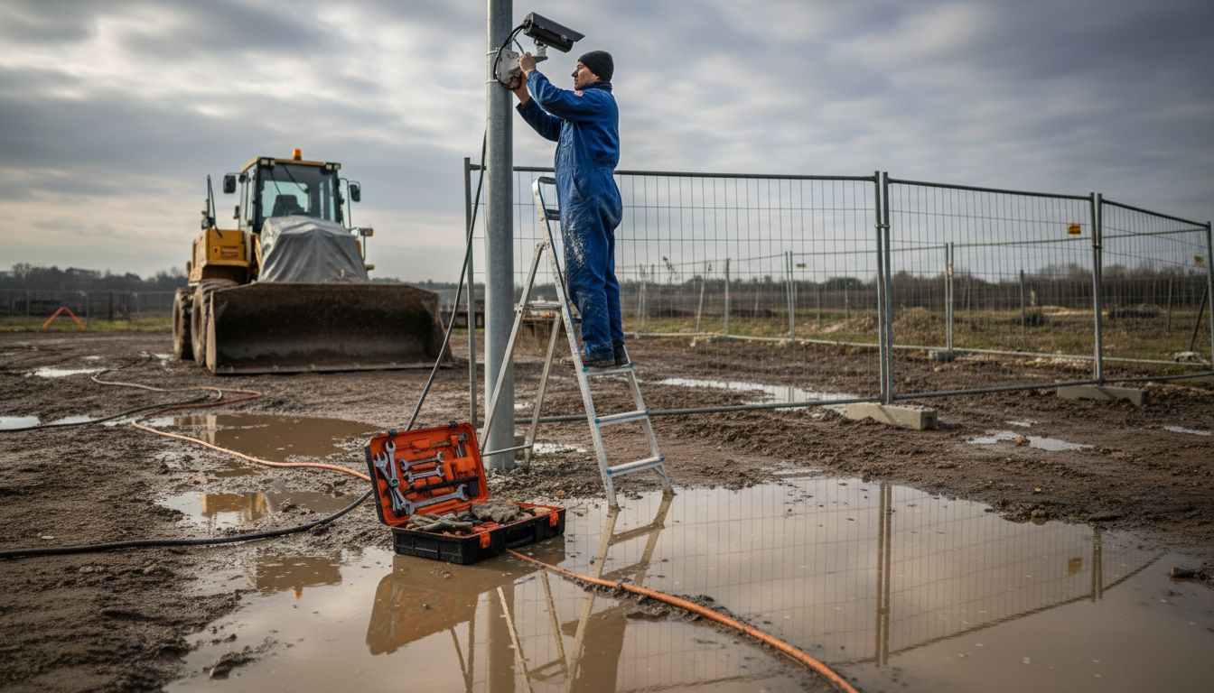 Un tecnico specializzato sta installando una telecamera PTZ su un palo all’interno di un cantiere.
