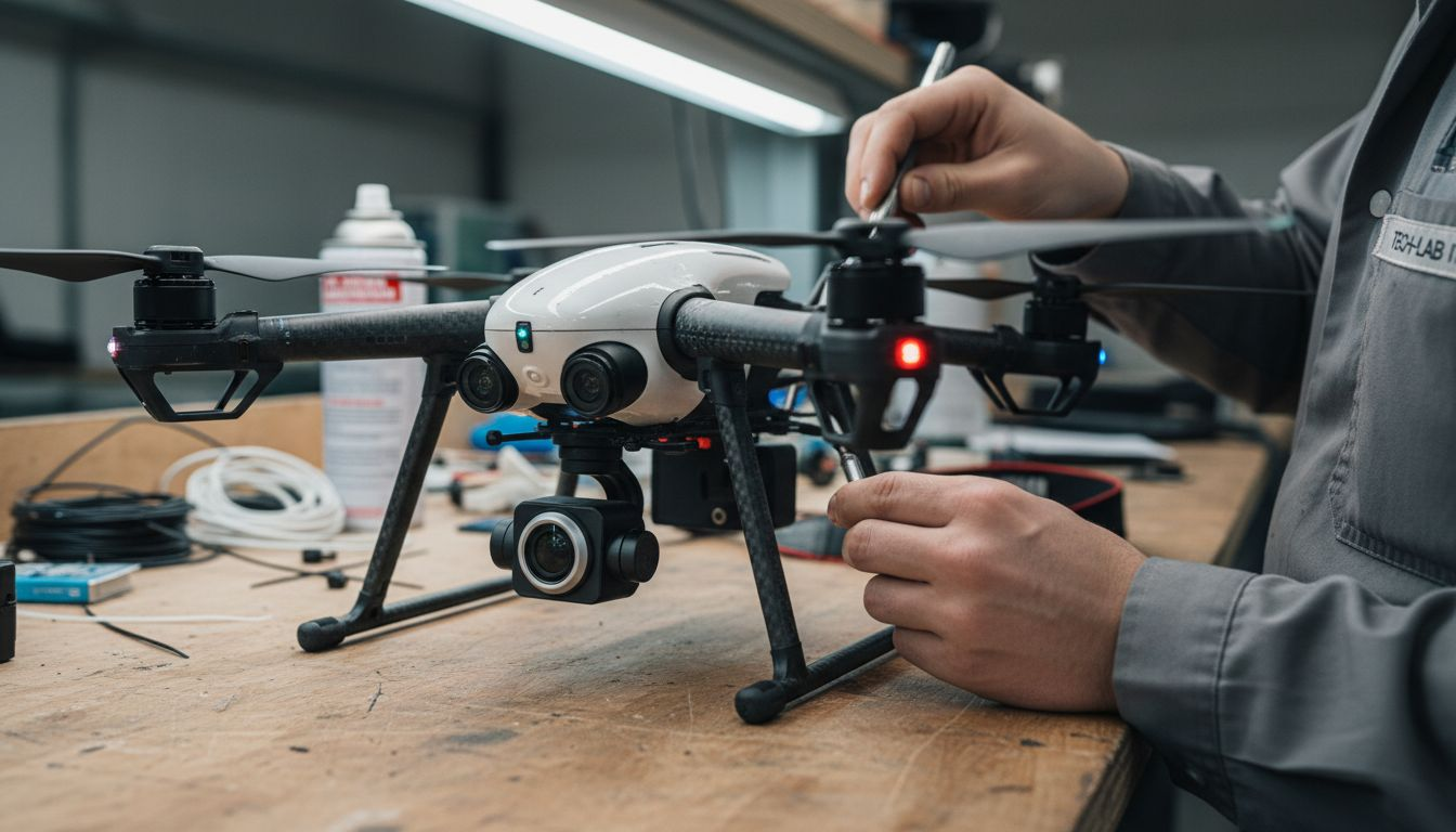 Dettaglio di un drone dotato di sensori di sicurezza durante un test in laboratorio
