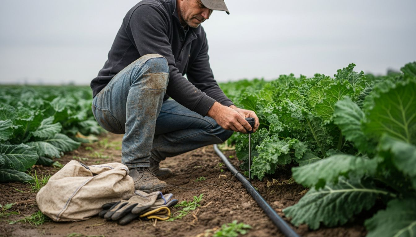 Un agricoltore sistema un sensore nel terreno dell’orto per monitorare la qualità del suolo.