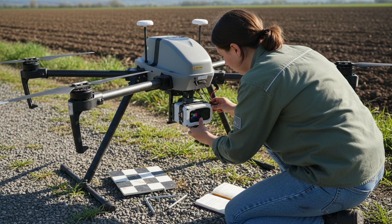 Un tecnico sta regolando i sensori di un drone lungo una stradina di campagna.