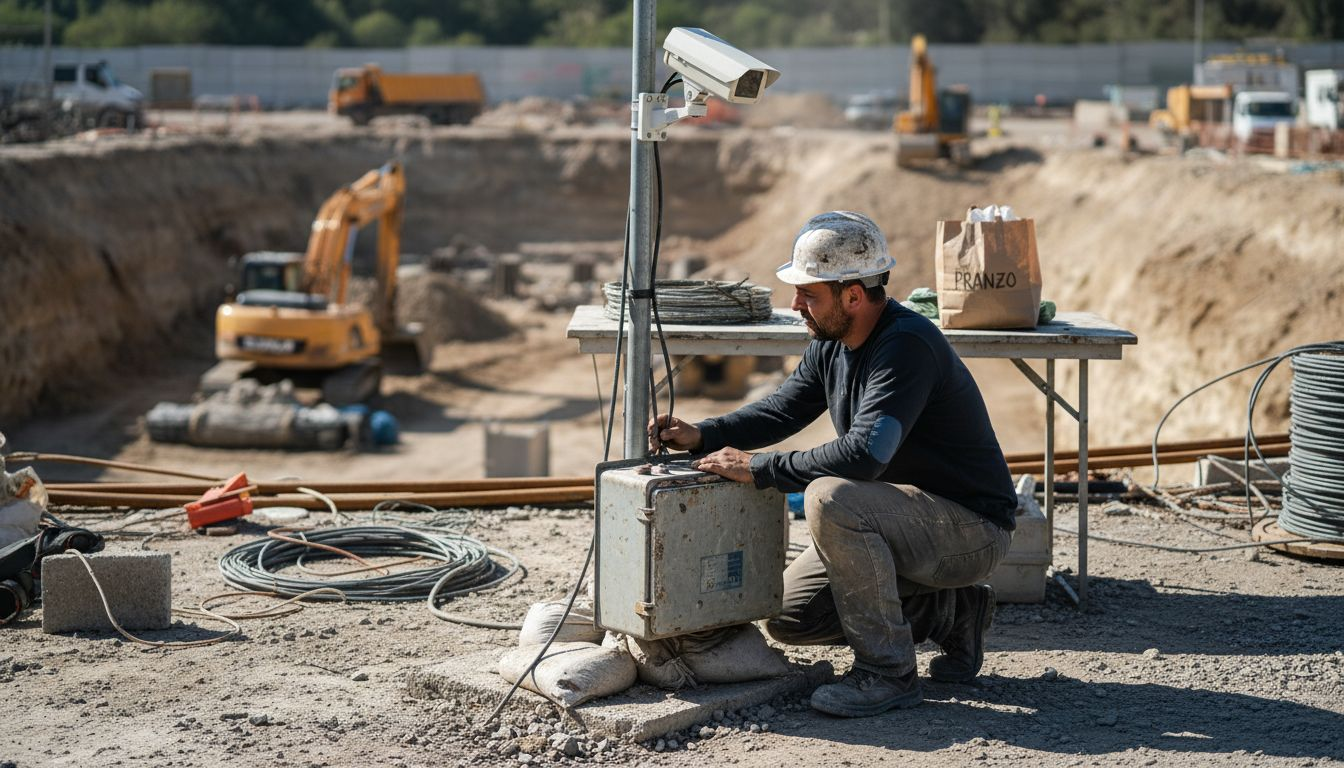 Il tecnico installa una videocamera per il time-lapse sul cantiere.