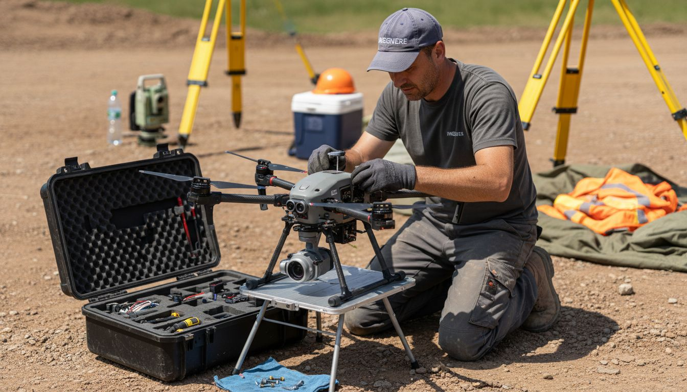 Un ingegnere al lavoro sul campo mentre monta un drone dotato di tecnologia LiDAR.