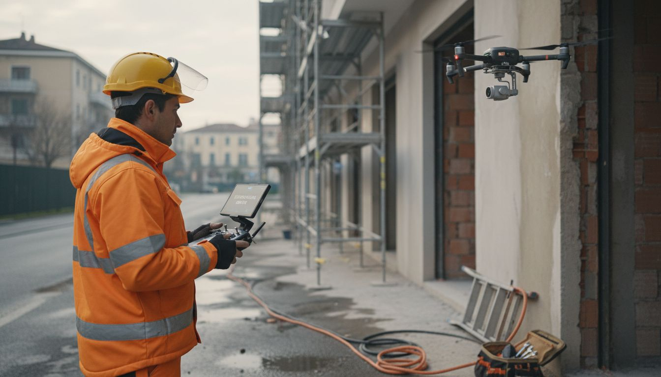 Un drone effettua un controllo sulla facciata appena rinnovata di un edificio.