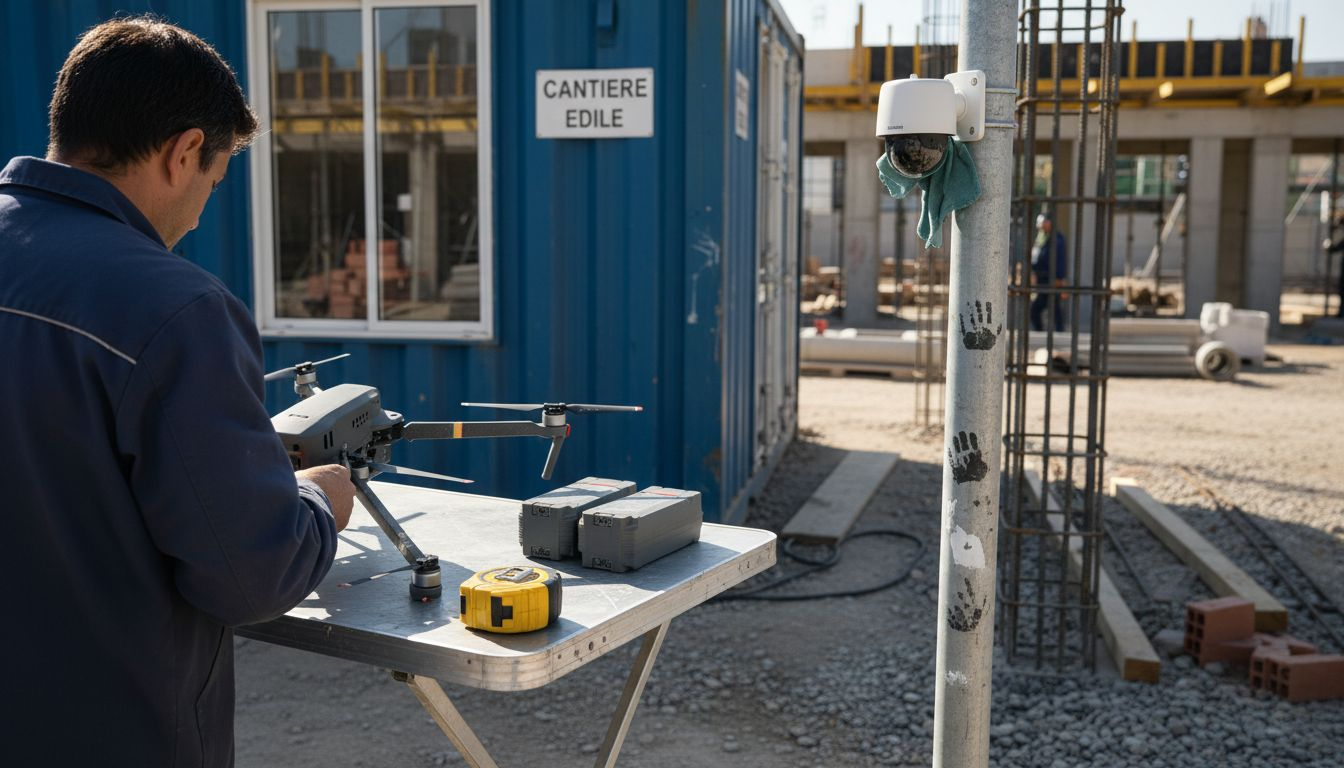 Gli operatori stanno predisponendo il drone e la telecamera sul sito dei lavori.