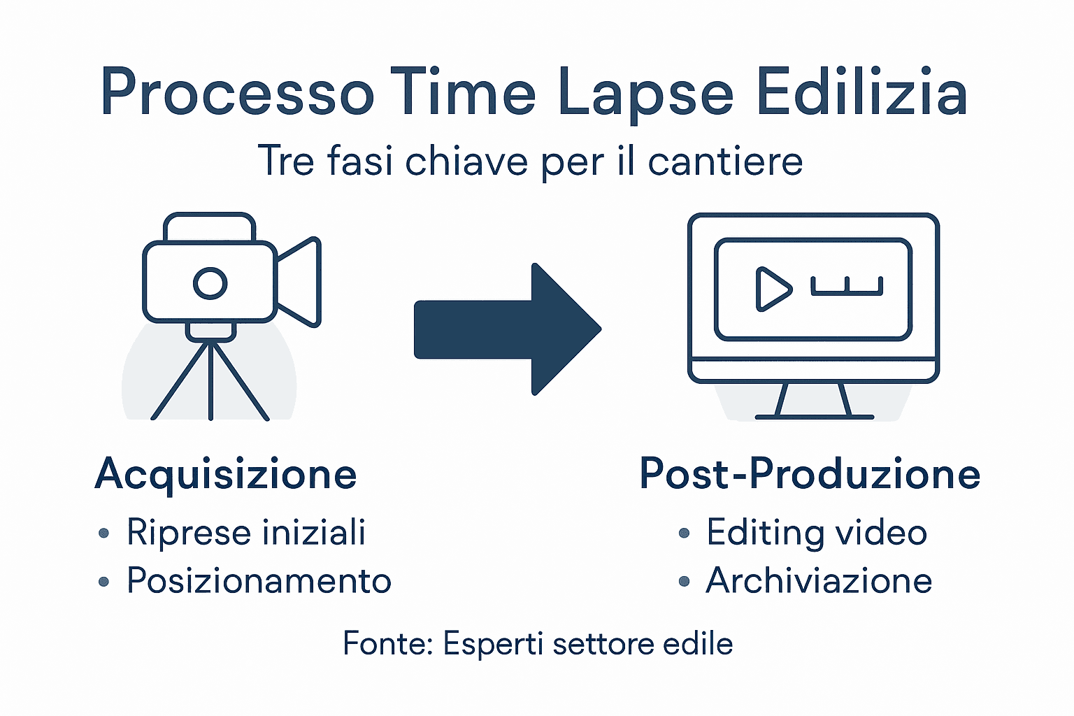Infografica che mostra, passo dopo passo, le diverse fasi di avanzamento di un cantiere edile attraverso immagini in time lapse.