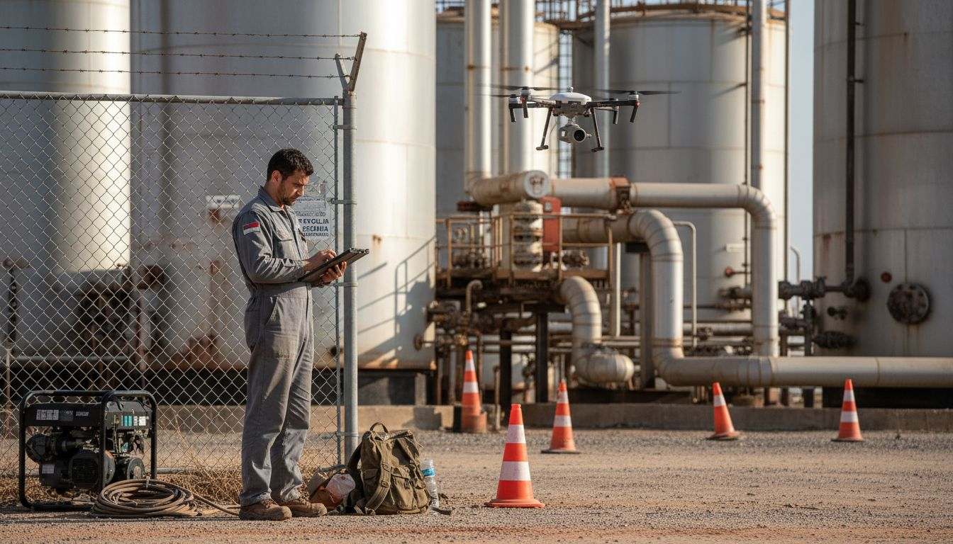 Operatore di droni impegnato nell’ispezione di una raffineria petrolifera