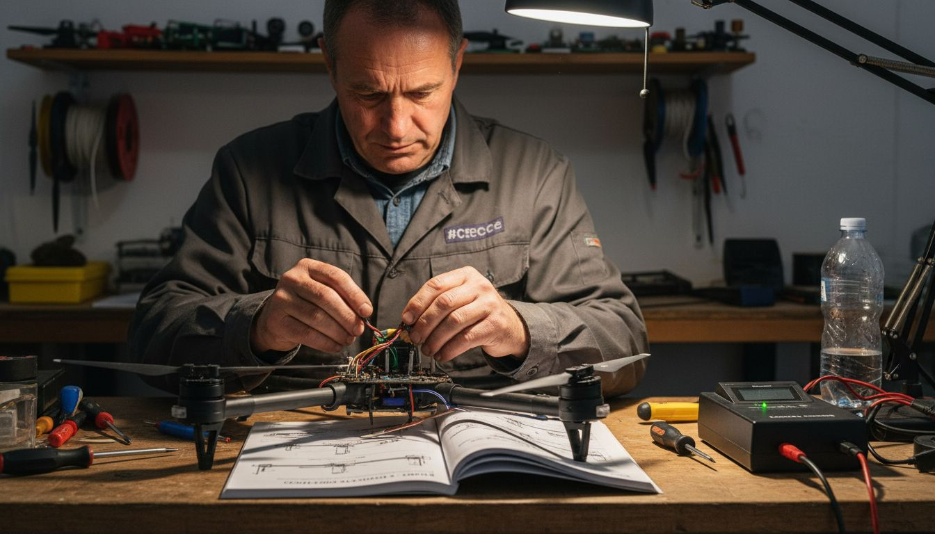 Un tecnico sta preparando e programmando un drone all’interno di un’officina specializzata per l’agricoltura.