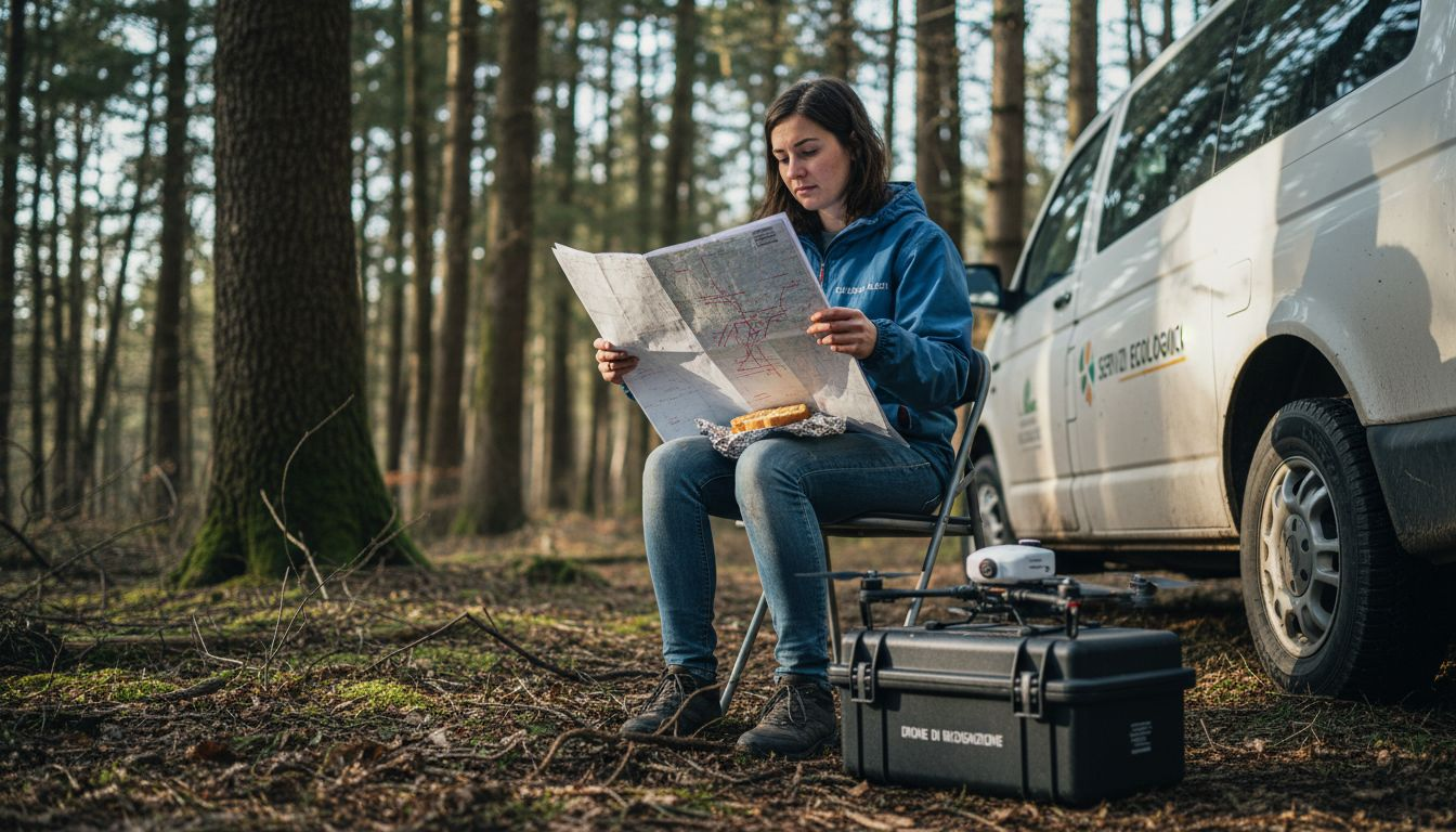 Un tecnico analizza la mappa di volo di un drone ai margini di un bosco.