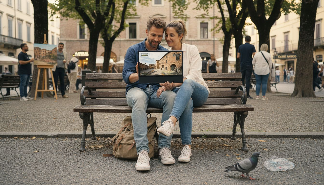 Turisti che esplorano le attrazioni tramite un tour virtuale con il tablet, guidati dalle riprese di un drone.