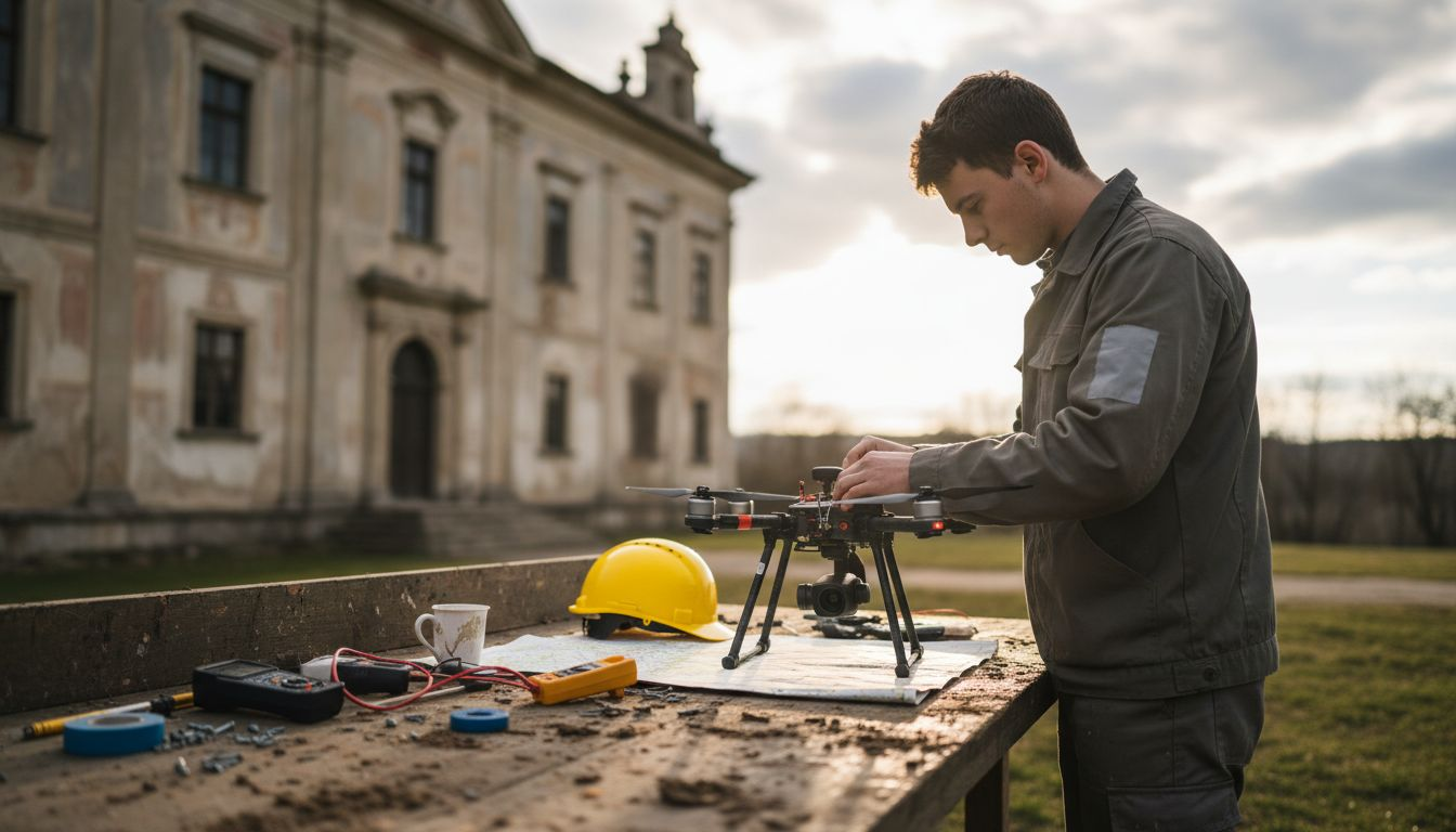 Un tecnico si occupa della preparazione del drone per l’avvio delle operazioni di rilievo sul progetto.