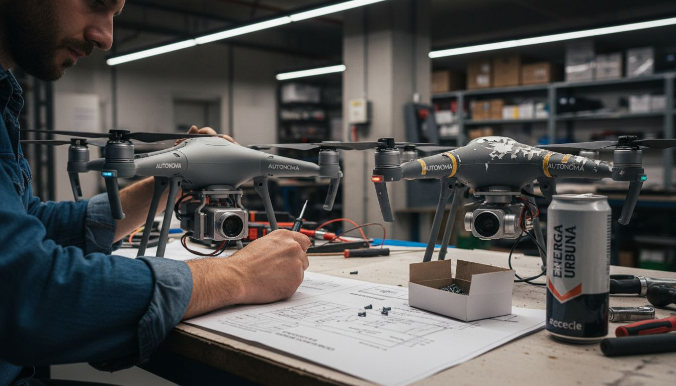 Un drone dotato di sensore termico appoggiato sul banco da lavoro pieno di oggetti in garage
