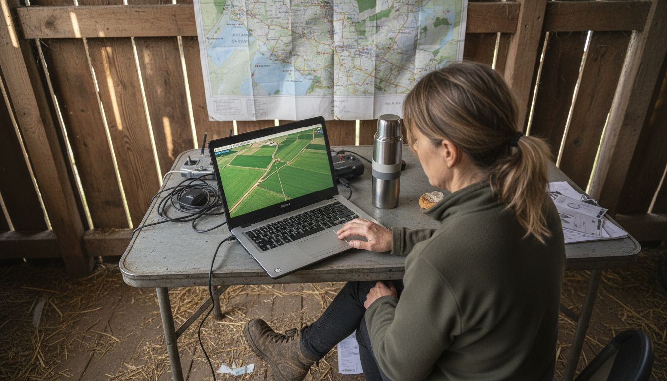Una donna esamina i dati raccolti dal drone nel suo ufficio all'interno del fienile.