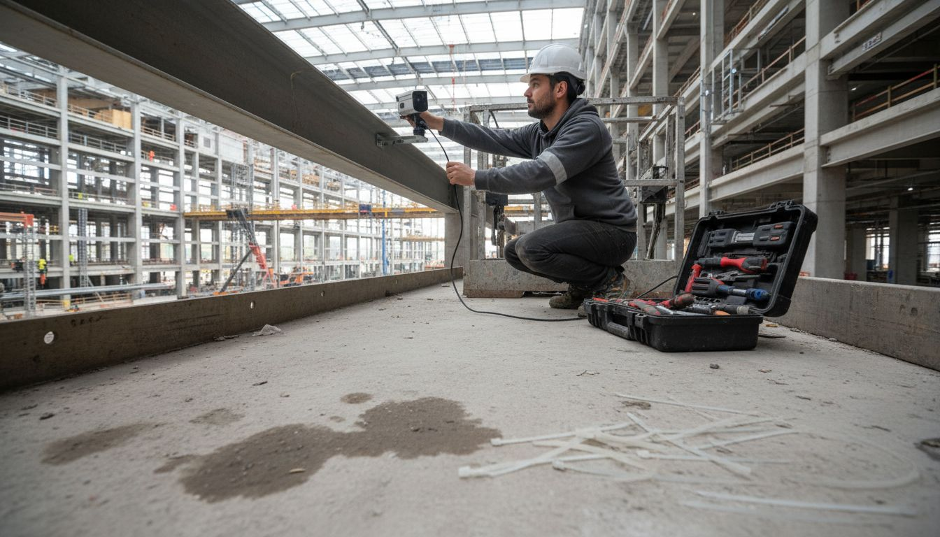 Un tecnico sta posizionando una videocamera time-lapse all’interno del cantiere per monitorare i lavori.