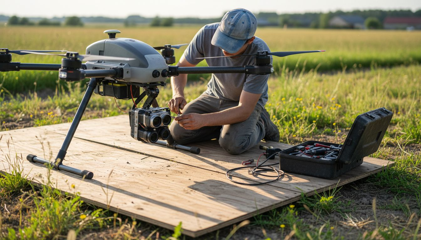 Un tecnico sta regolando i sensori di un drone ai margini del campo.