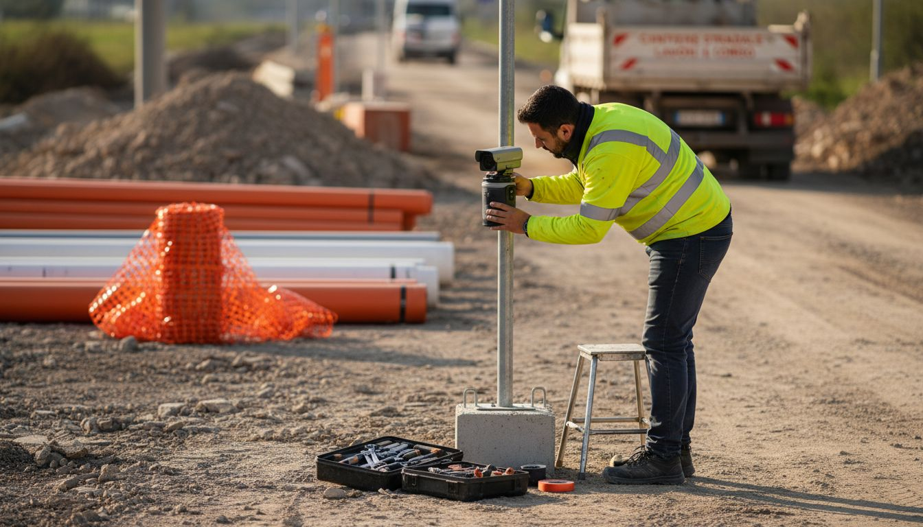 Un tecnico si occupa del montaggio di una telecamera time-lapse all’interno del cantiere.