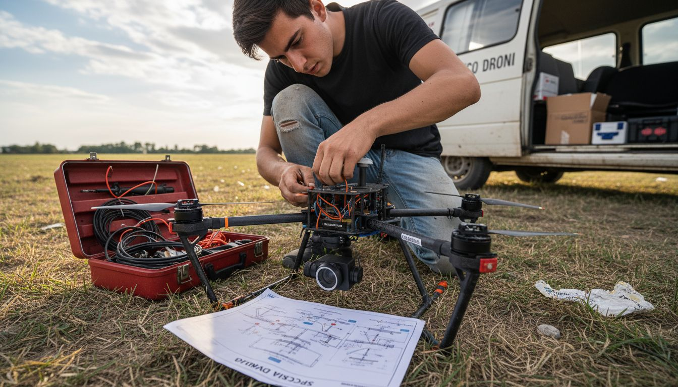 Tecnico al lavoro mentre prepara il drone per le riprese aeree.