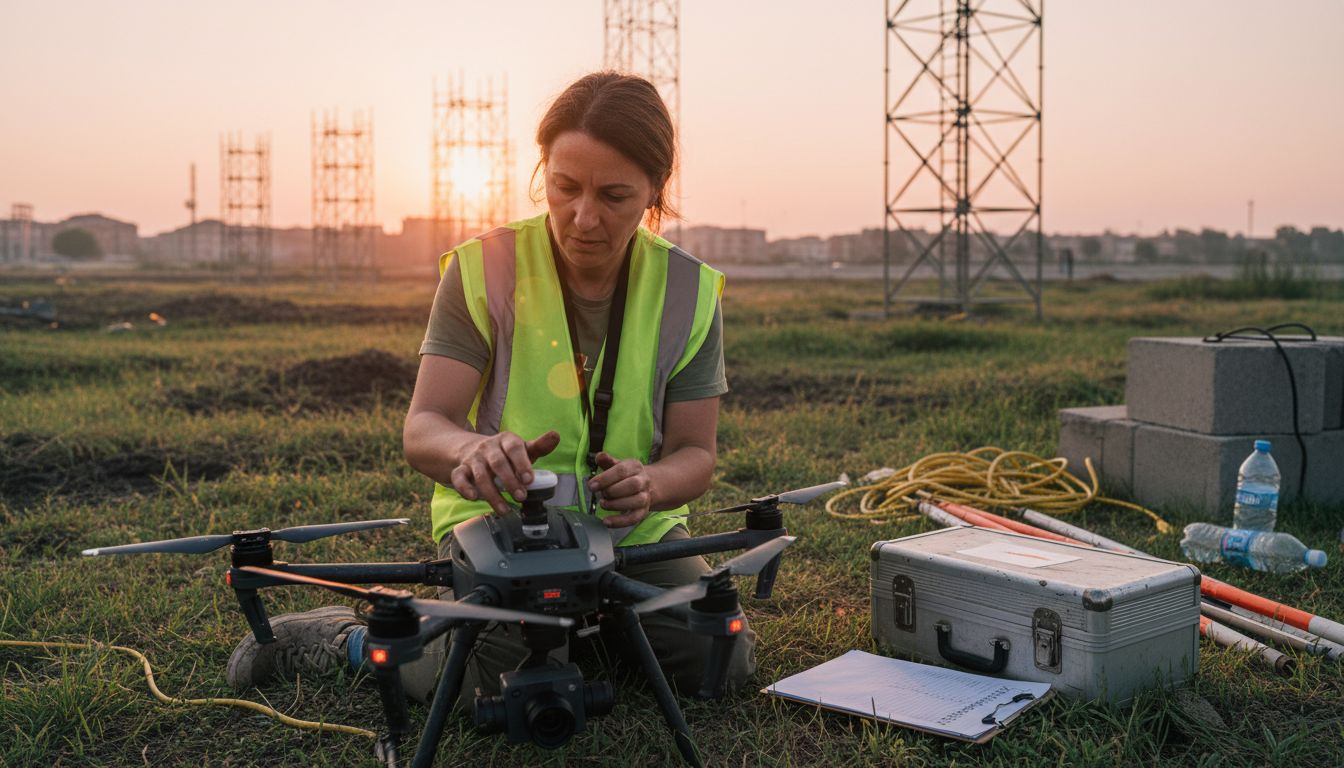 Un tecnico prepara il drone per effettuare il rilievo dell’area.