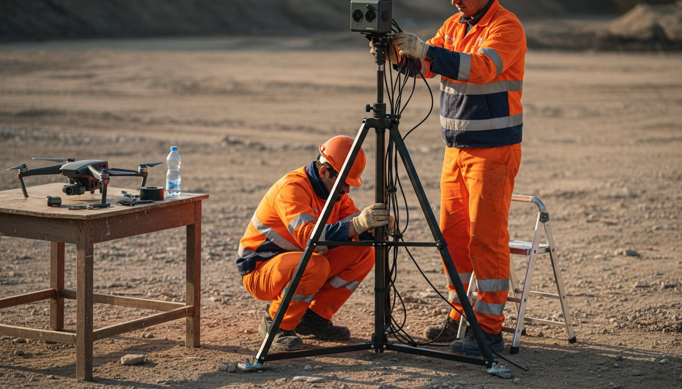 Gli operai stanno posizionando una telecamera per il time-lapse del cantiere.