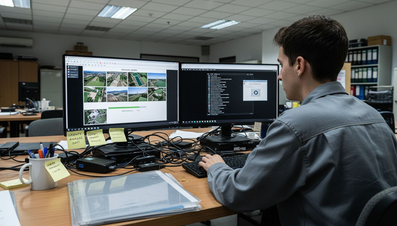Tecnico al computer mentre trasferisce i dati raccolti dal drone