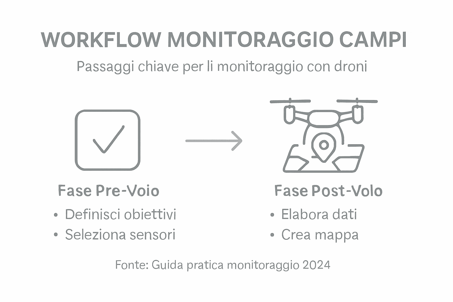 Infografica sul processo di monitoraggio dei campi agricoli tramite droni
