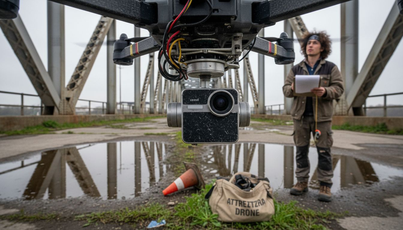 Un drone equipaggiato con una termocamera esegue un’ispezione del ponte.