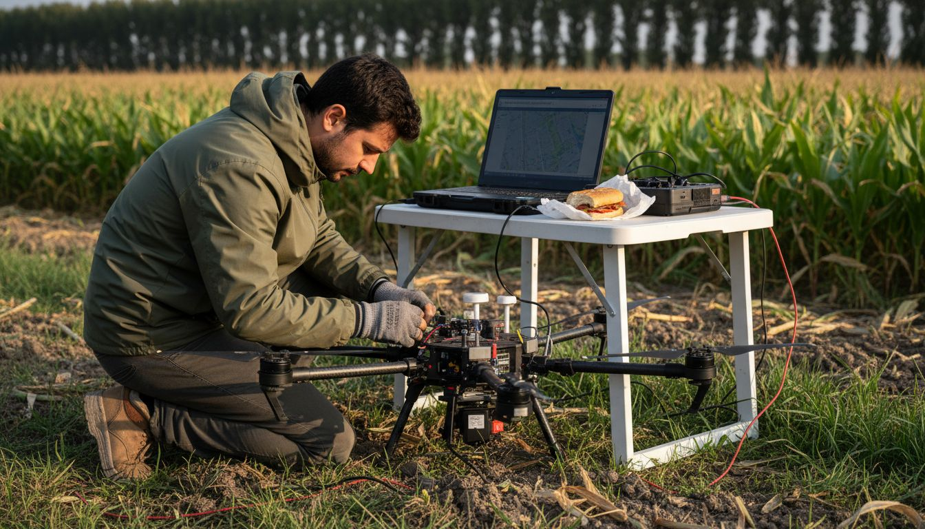 Un tecnico prepara il drone per effettuare il rilievo dei campi agricoli.
