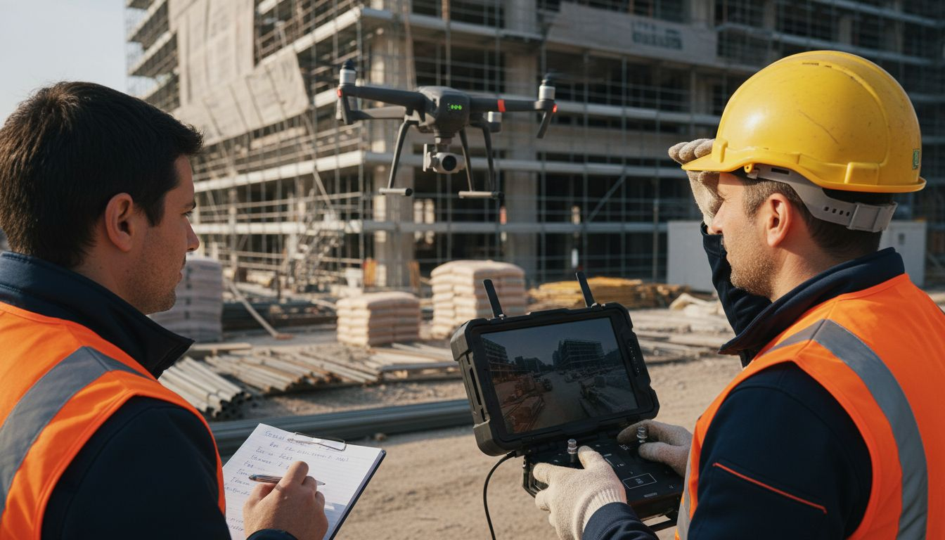 Gli operatori monitorano il volo del drone all’interno del cantiere.
