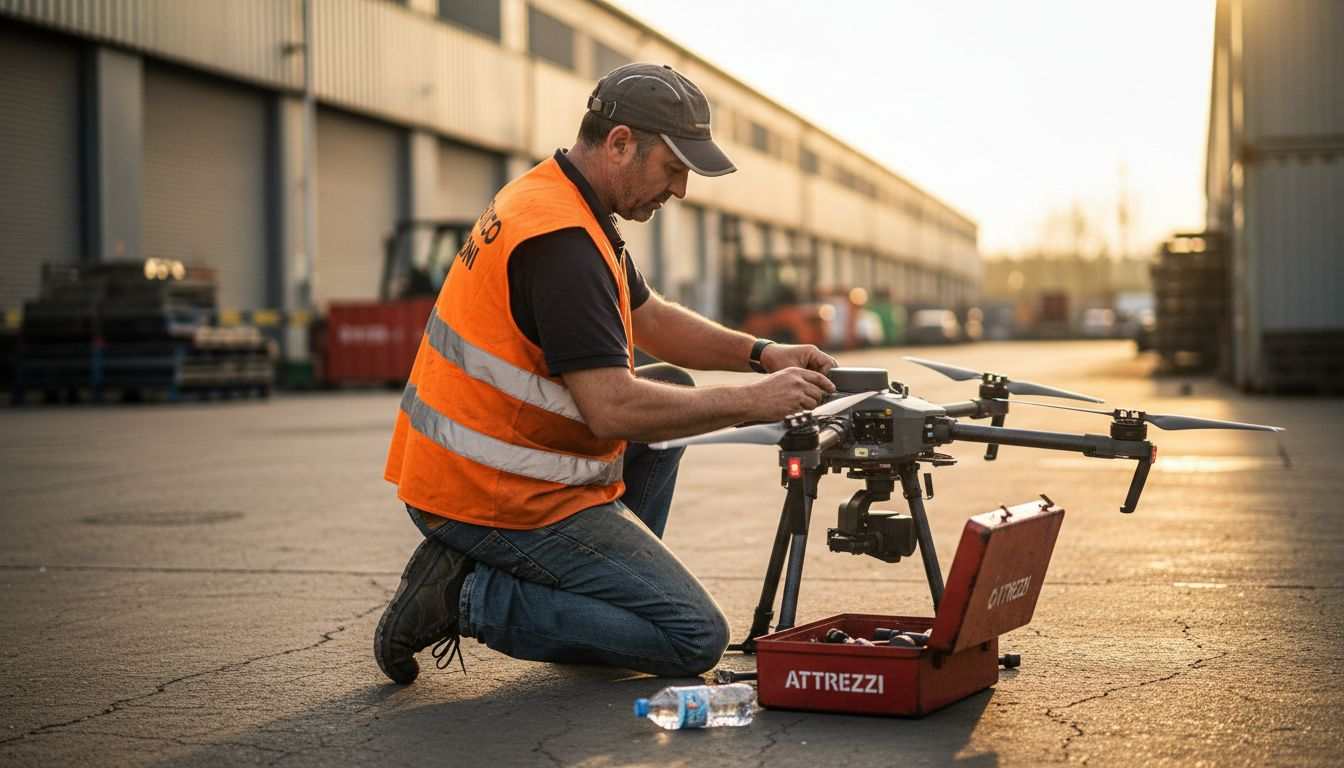 Tecnico al lavoro per preparare il drone a un volo di prova