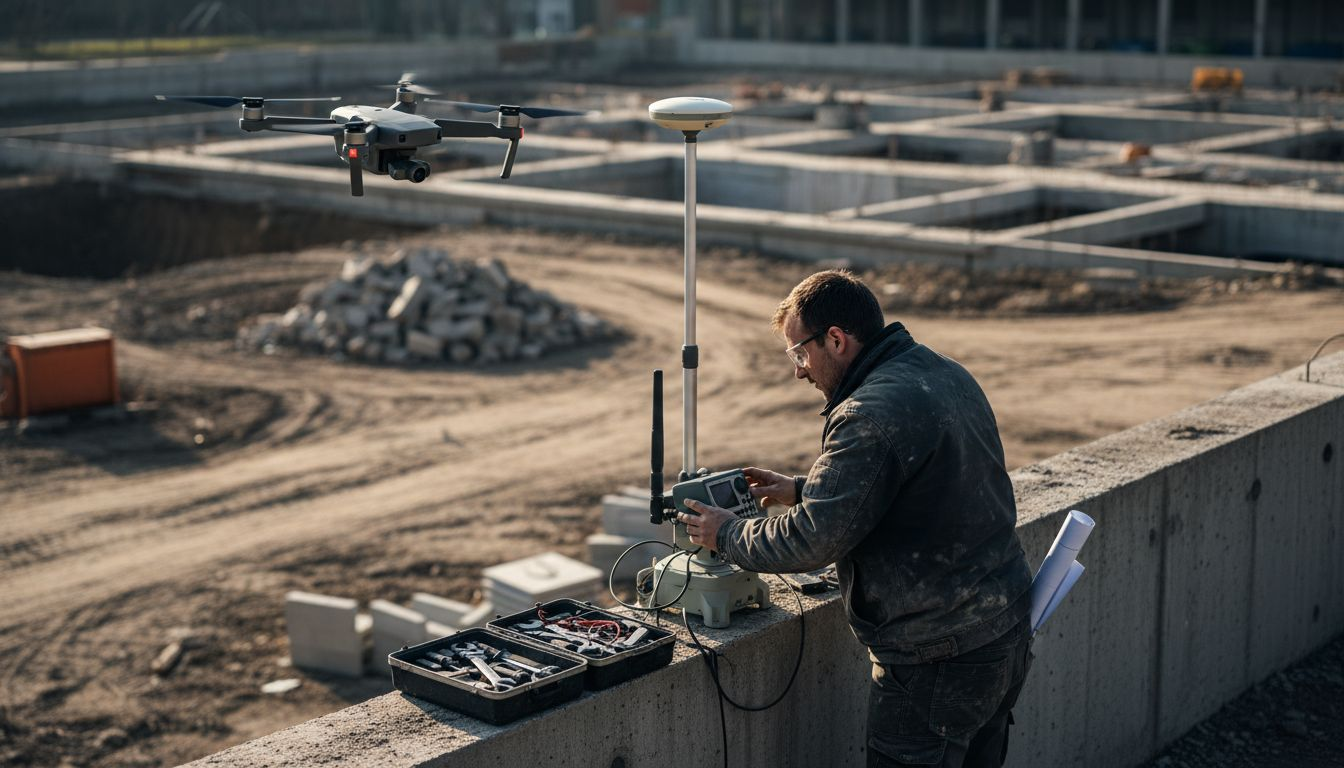 Un tecnico si occupa della calibrazione degli strumenti mentre un drone sorvola l’area.